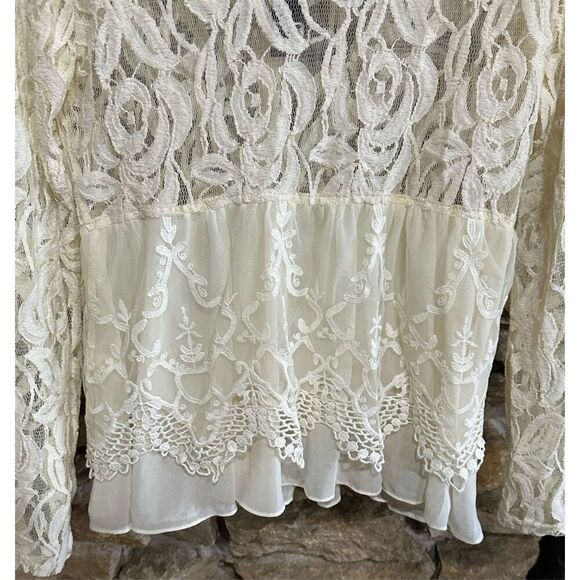 Women's NWT Button Up BKE Boutique Sheer Ivory Lace Embroidered Long Sleeve Blou - Picture 6 of 10
